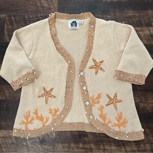 Storybook knits beachy sea shell crochet sequin cardigan sweater large kitschy